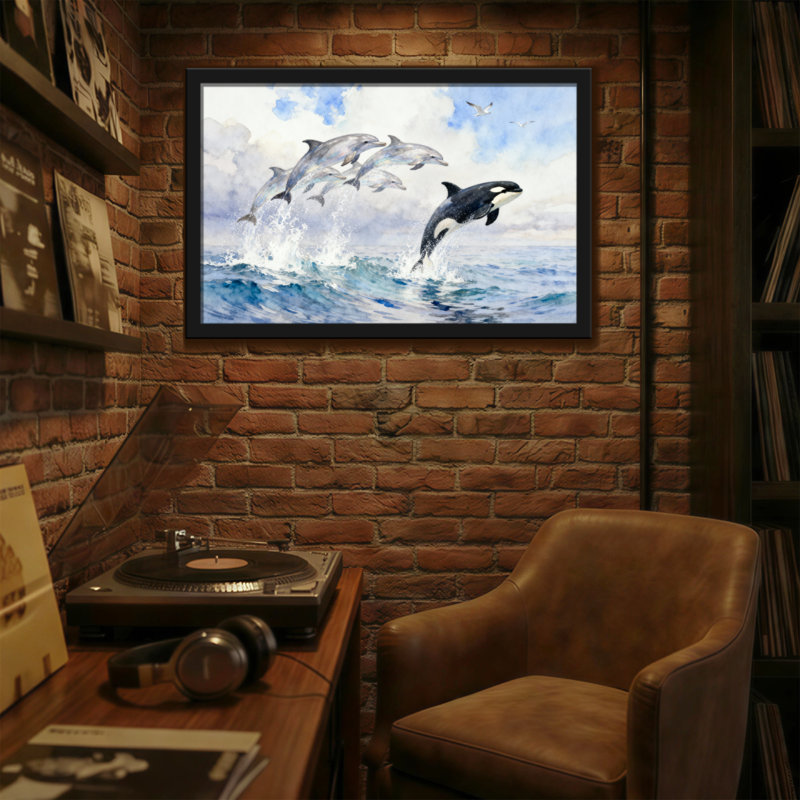 Animaux, dauphins, saut, océan, vagues, ciel, mouettes, H 12 po x l 18 po