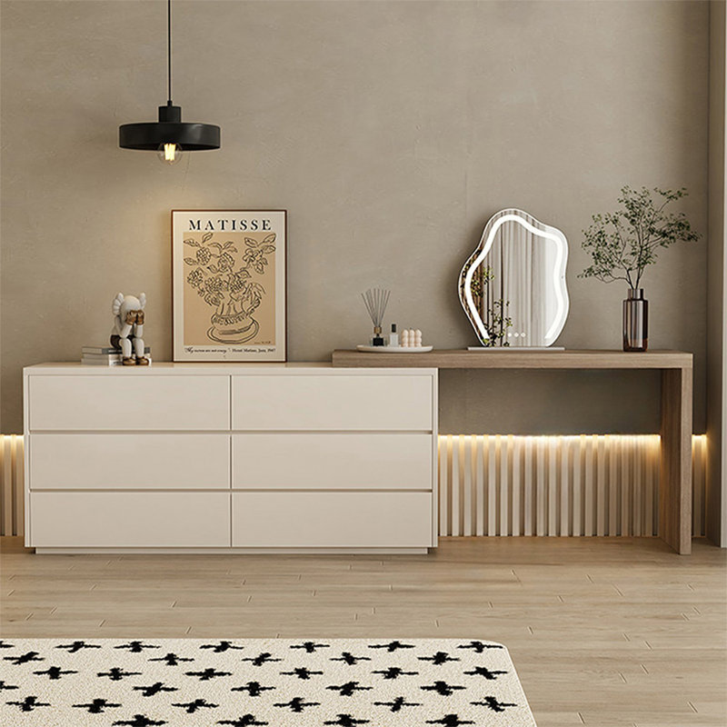 Coiffeuse avec miroir lumineux, 6 tiroirs, Beige / Burlywood