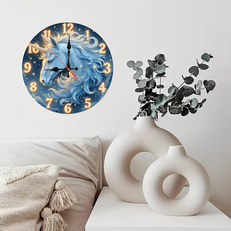 Décoration murale artistique horloge de nuit licorne bleue