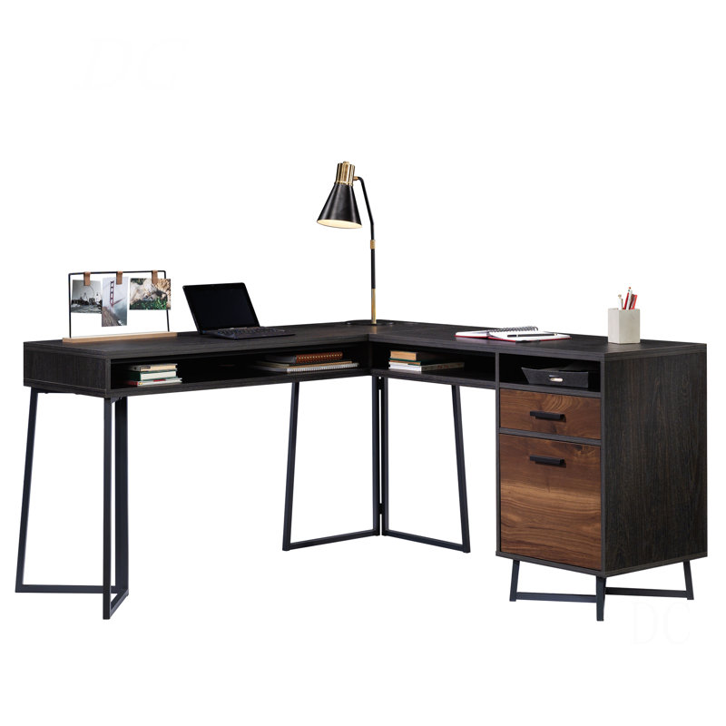 Bureau en L avec 2 tiroirs et casiers, finition noyer foncé