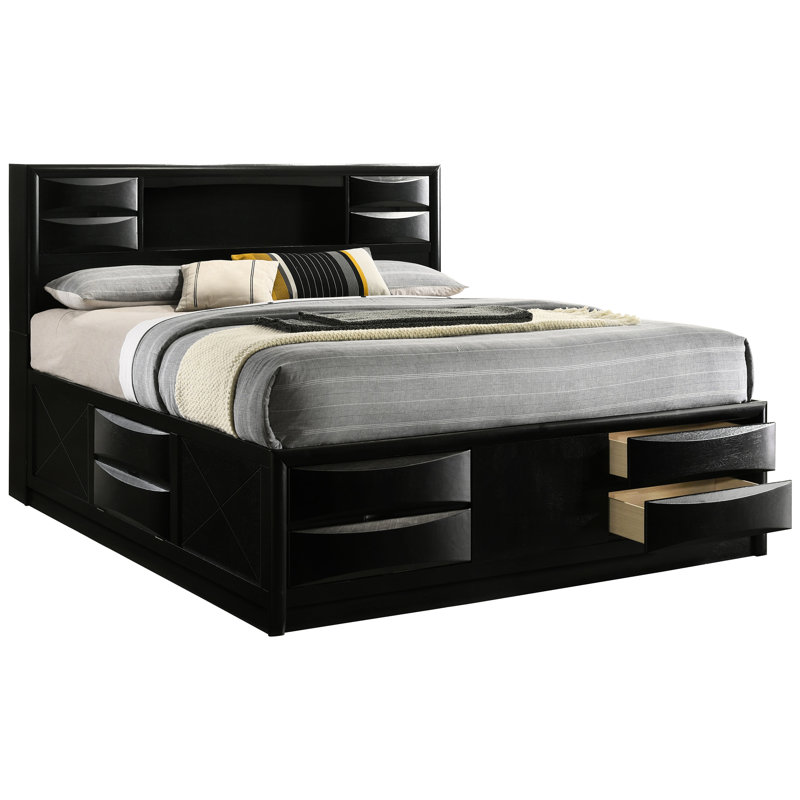 Très grand lit transitionnel noir avec rangement sous le lit et compartiments de tête de lit pour tiroirs rabattables de style livres
