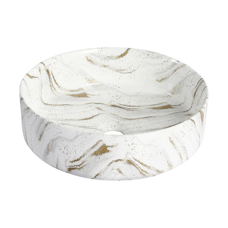 Vasque à poser en céramique pour salle de bain, couleur blanc et or, cuisson haute température, entretien facile, 40 cm de largeur, 12 cm de hauteur, vasque ronde de qualité, émail de qualité, finition soignée, large.
