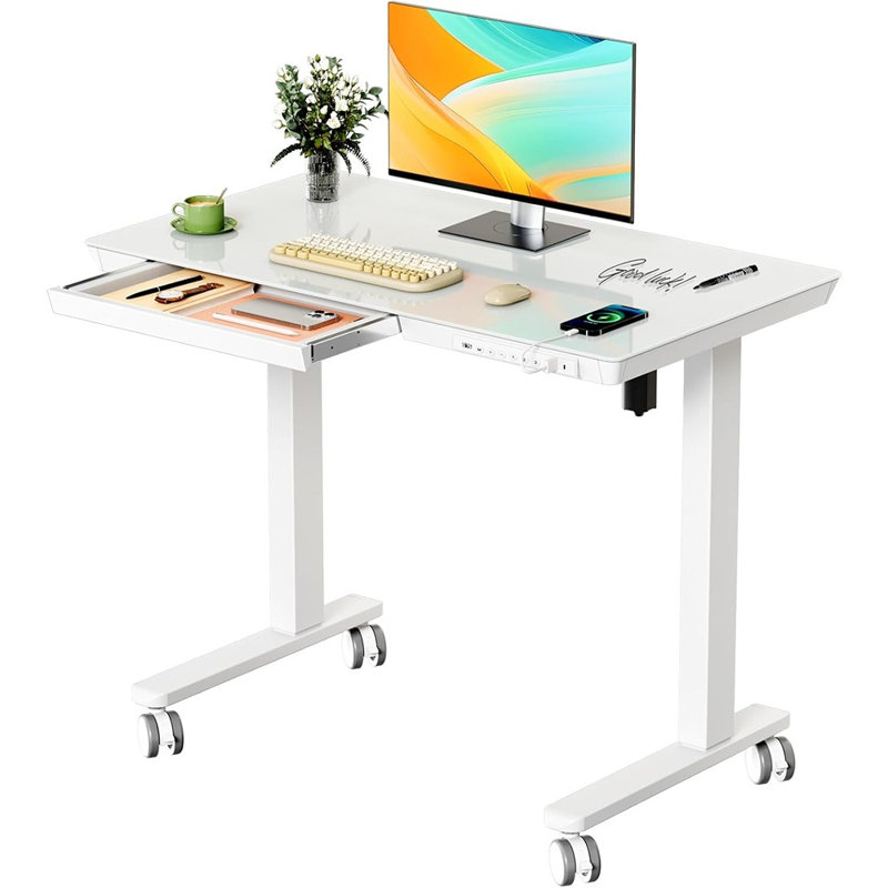 Petit bureau debout en verre avec tiroir, bureau assis-debout électrique à hauteur réglable, blanc