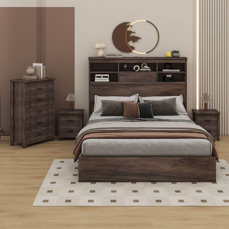4-Pieces Bedroom Sets Queen Size Vintage Wooden Bed Frame With Nightstands And Dresser, Dark Walnut