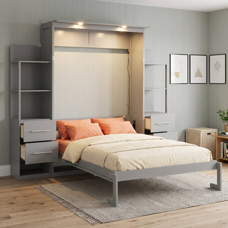 Lit escamotable avec tiroirs, tablettes et lumières DEL Murphy, Double, Gris