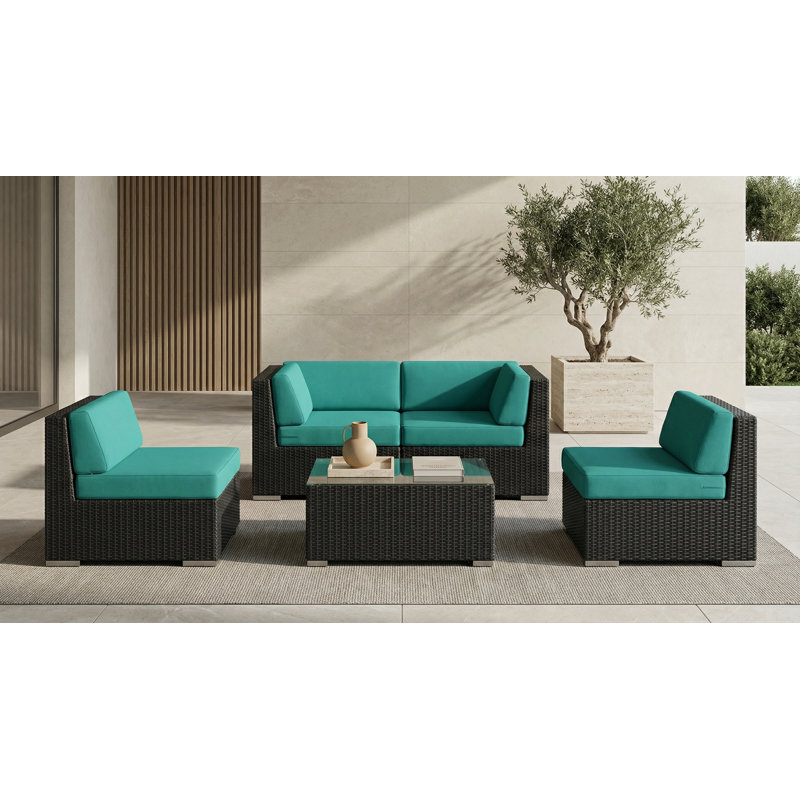 Billyjo Wicker 4 - Person Seating Group with Cushions - No Assembly, Black, Supercrylic Turquoise