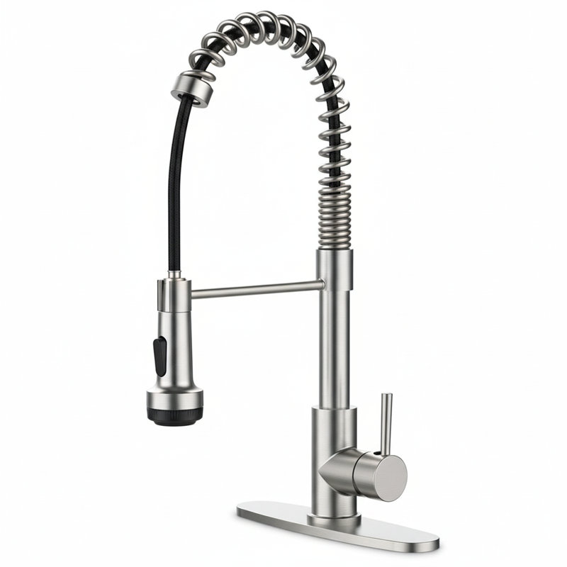 Commercial Pull Down Kitchen Faucet With 4-function Sprayer, Single Handle Spring Sink Faucet In Brushed Nickel (deck Plate Included)