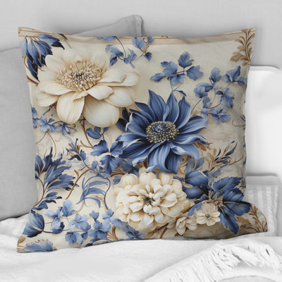 Victorien fleurs bleues et blanches damassées - Abstrait corail multicolore azur - coussin