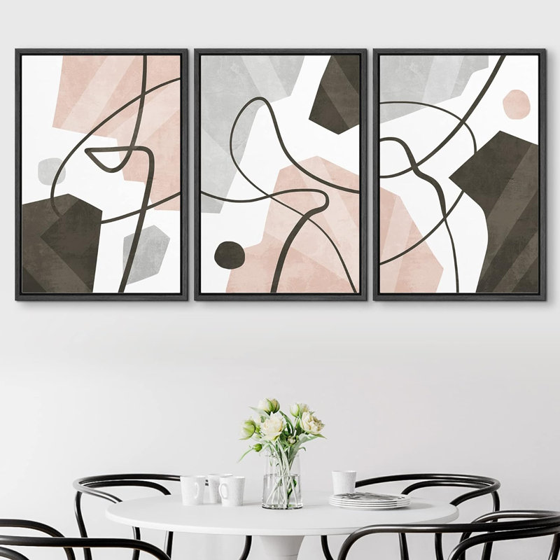 Modern Abstract Geometric " Pastel Pink Grey Geometric Line Collage Shape Abstract Illustration Modern Decor Multicolor Chic " 3 - Pieces