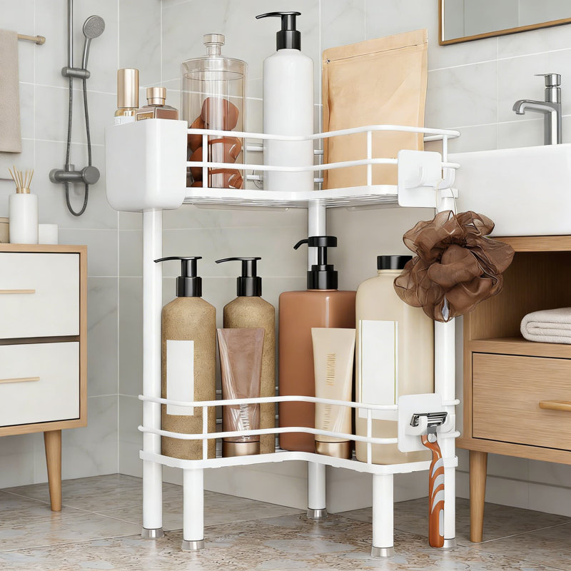Rustproof Floor Standing Corner Shower Caddy Organizer With Toothbrush Holder, 2-Tier Bathroom Storage Shelf With Hooks And Adjustable Legs For Large Bottles