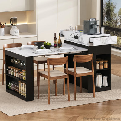 Extendable Dining Table with Folding Tabletop, Bar Table with Drawers and Power Outlet, Kitchen Island with Wheels and Hooks, Sideboard for Kitchen and Dining Room