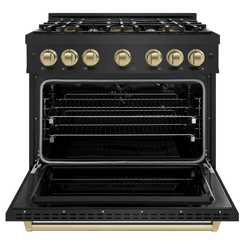 ZLINE Autograph 36 in. Classic Gas DuoPro Range in Satin Steel and Champagne Bronze Accents, Black Stainless Steel