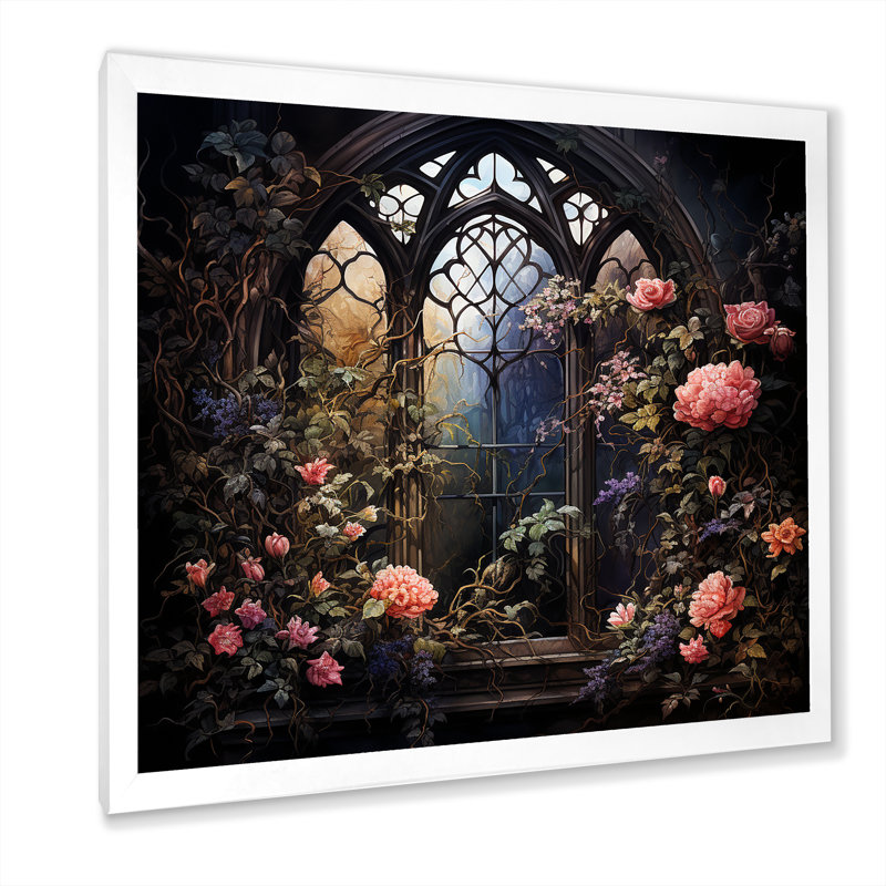 Floral floral gothique d'églises de fenêtre II - Art mural de fenêtre pour le salon, H 30 po x l 30 po x P 1,5 po