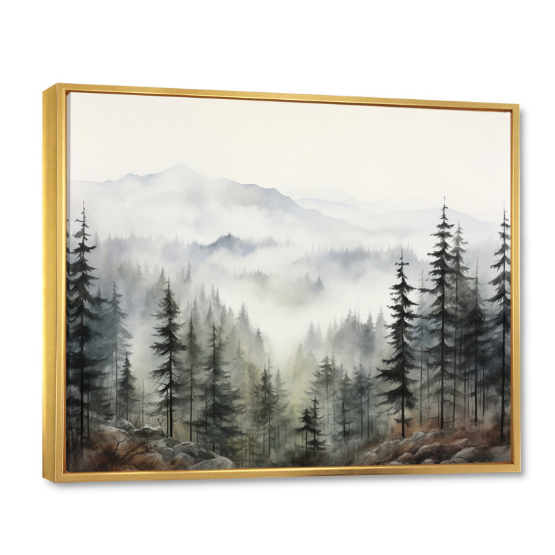 «Pine Misty Mountain II» sur toile, H 34 po x l 44 po, Reproduction avec cadre flottant, Or