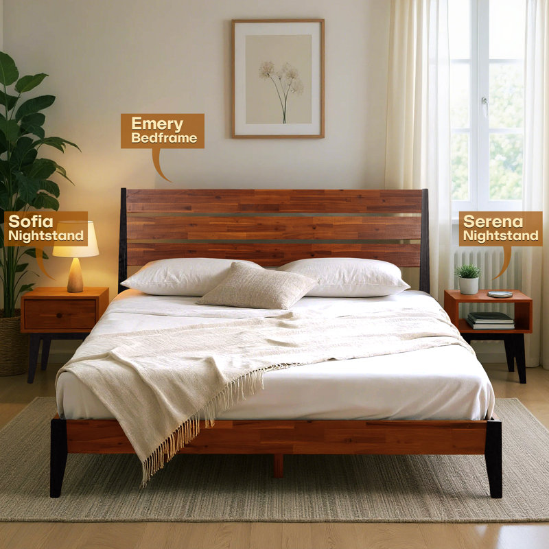Acacia Jhasir Solid Wood Nightstand, Mid Century Modern Side Table Bedroom with Storage, Americano