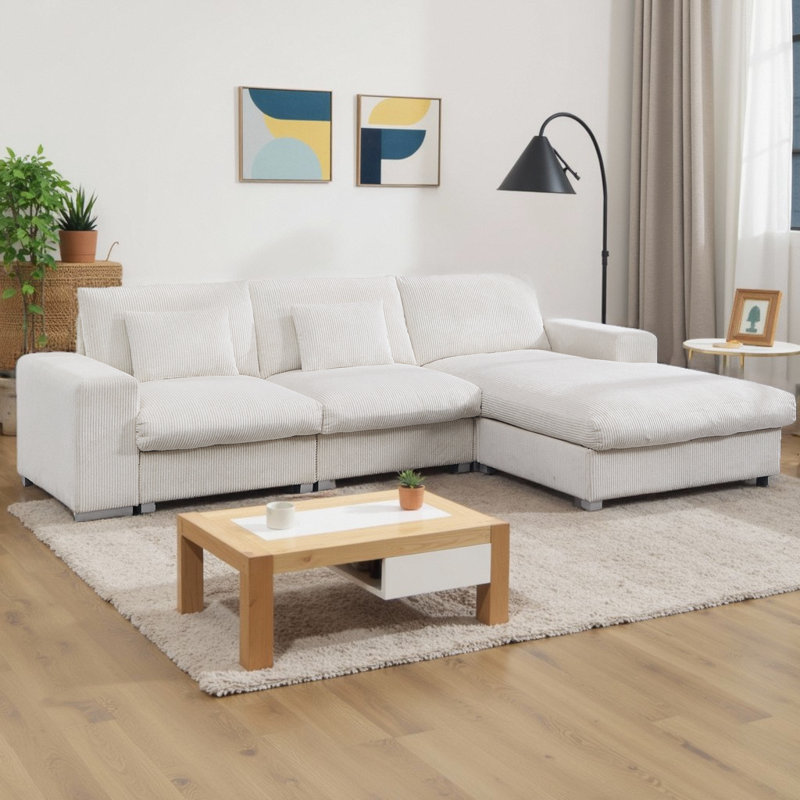 Canapé modulaire en L en flanelle Nordic Minimalist, structure en bois de salon, canapé 3 places, Blanc