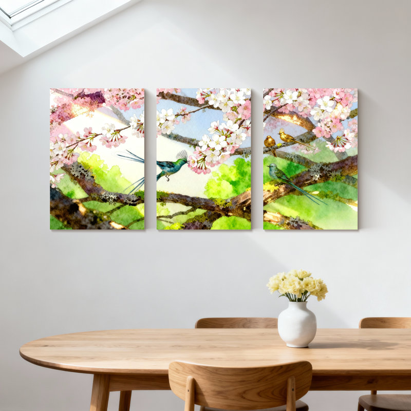 «Birds Cherry Blossom Birds Spring Nature», ensemble de 3 reproductions d'art sur toile, H 30 po x l 60 po