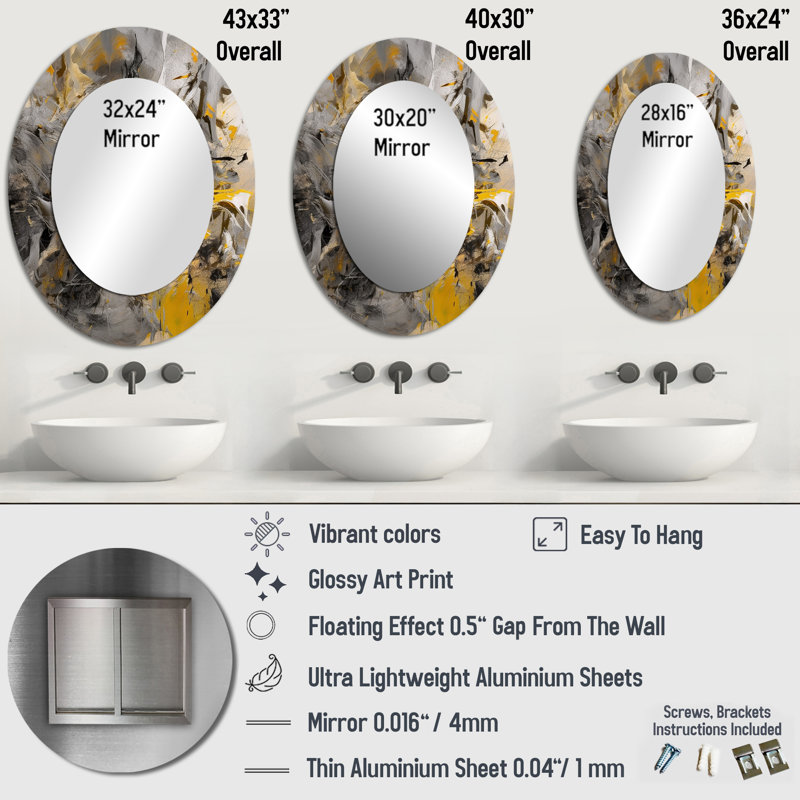 Bliss Of Happiness In Gray And Yellow I - Gray Modern Oval Wall Mirror, 36" x 24"