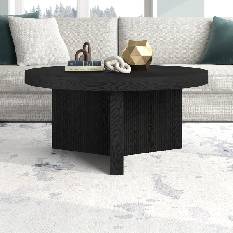 32" Wide Round Coffee Table with Fluted Base — Black Grain Scandinavian MDF Center Table for Living Room | Holm, Black Grain