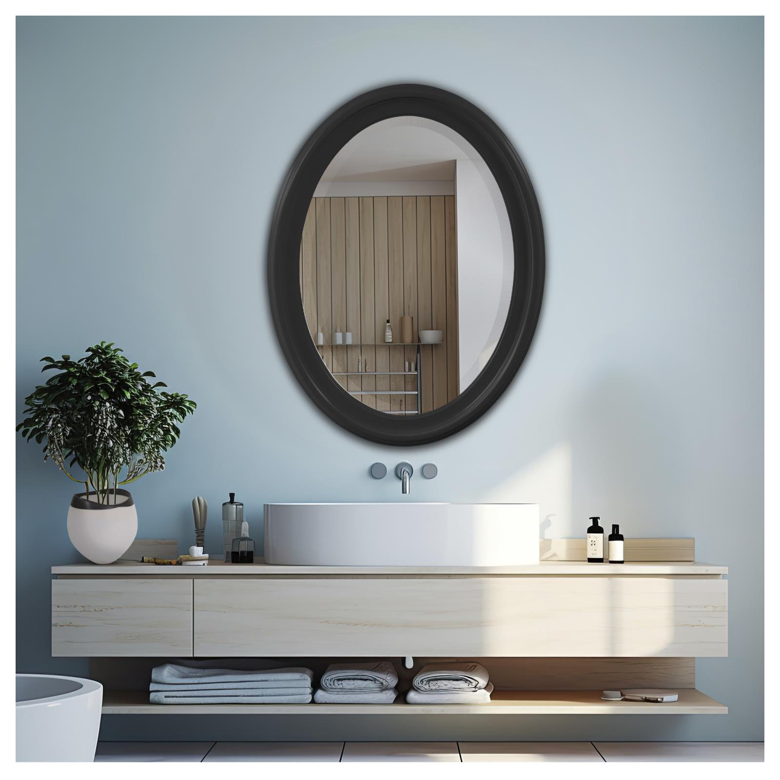 Borna Solid Wood Oval Mirror, Black