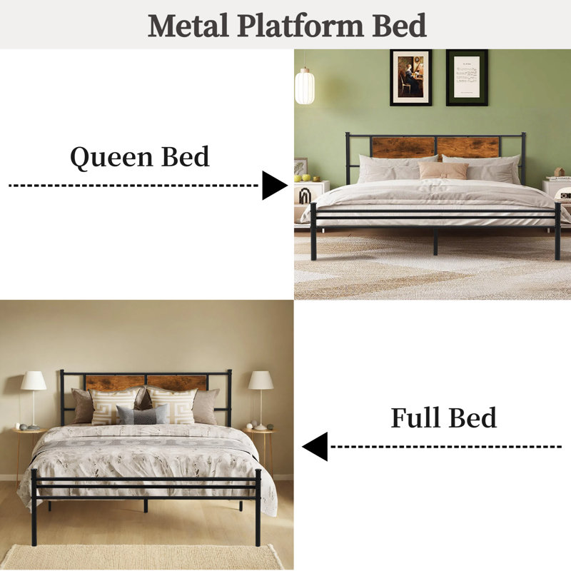 Geissler Metal Bed Frame with Wood Panel Headboard, Full Duplicate, Walnut