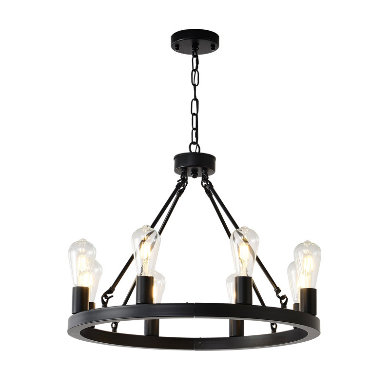 Lustre de roue de chariot noir mat 8 lumières, luminaire de ferme rustique
