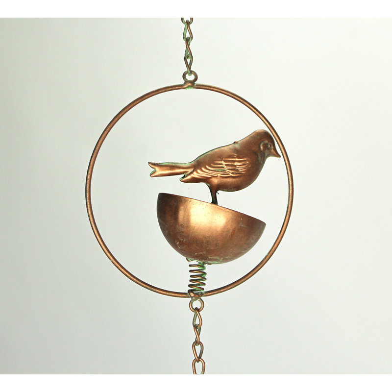 Chaîne de pluie rustique en cuivre avec bol à oiseaux et patine vert-de-gris, 165 cm de hauteur