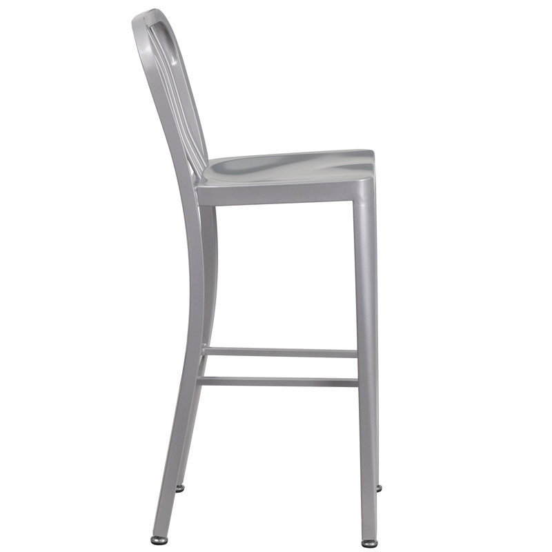 Commercial Grade Metal Indoor-Outdoor Stool with Vertical Slat Back, Silver, Bar Stool (76cm Seat Height)