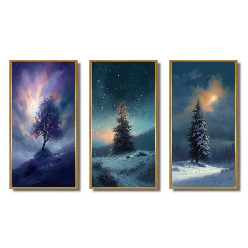 «Snowy Serenity Pinetree», 3 pièces sur toile, Cadre flottant doré, H 32 po x l 48 po