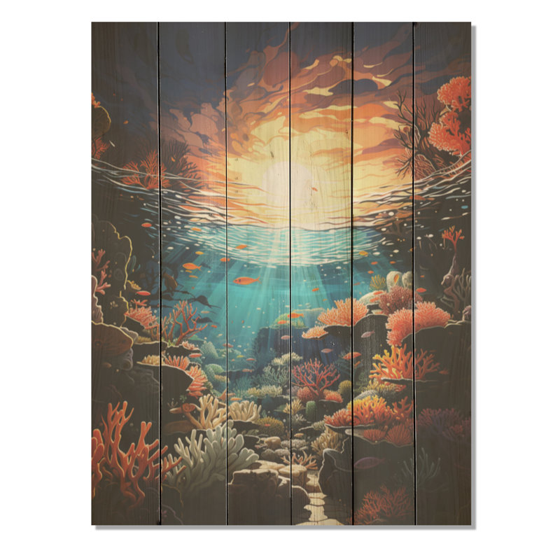 Aquariums corail au lever du soleil - Aquariums, art mural sur bois de pin naturel, H 20 po x l 10 po