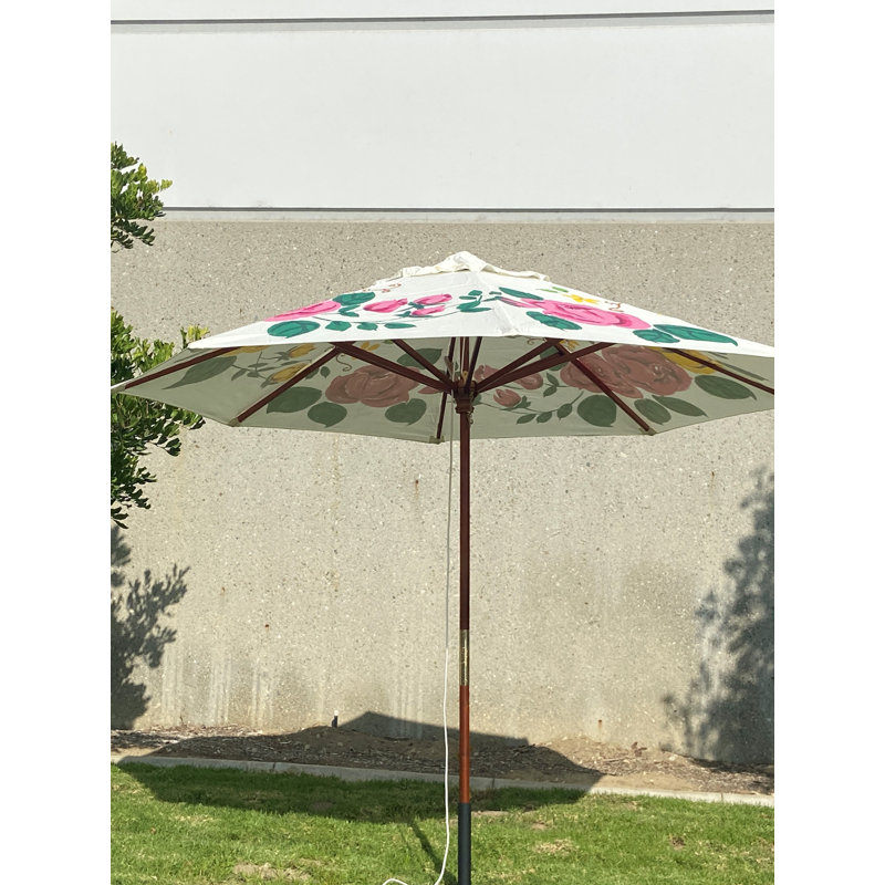 9' Wooden Umbrella with Hand Painted Cover, White/Pink/Yellow Rose