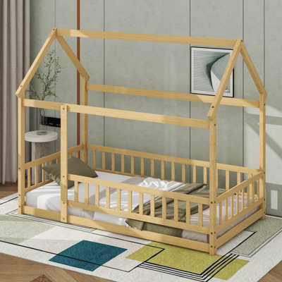 Lit double en bois pleine grandeur, lit maison avec structure de toit