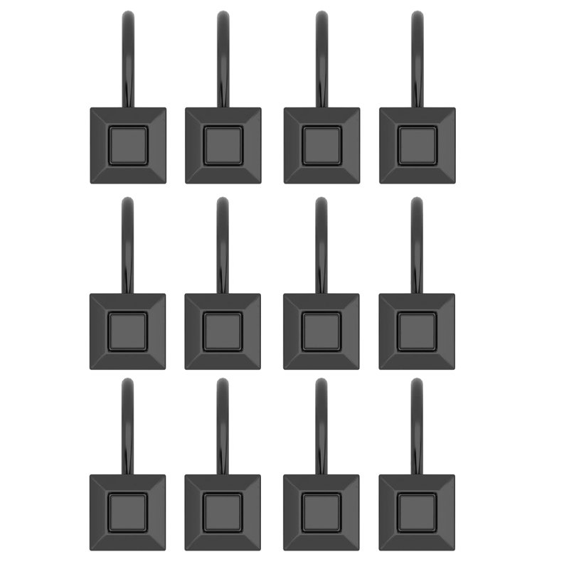12 Piece Set - Matte Black Square Heavy Duty Shower Curtain Hooks Rings Rustproof Metal