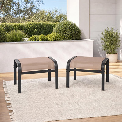 Stackable Metal Patio Ottoman Set of 2 - Durable Textilene Fabric Foot Stools - Oversized Outdoor Footrest for Garden, Pool, Camping - Weather-Resistant - Khaki