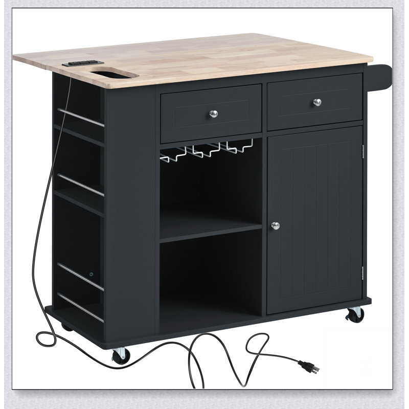Kitchen Island with Power Outlet,Kitchen Storage Island with Drop Leaf and Rubber Wood, Black