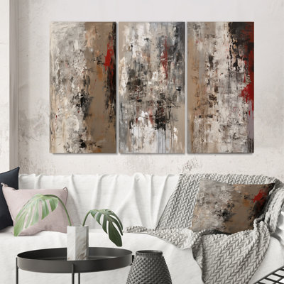 Fading Passion Abstract In Retro Beige And Red - Abstract Painting Art Set Of 3 Pieces
