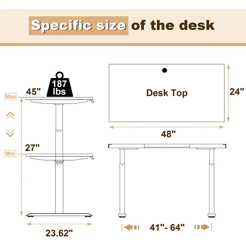 Midtown Value Height Adjustable Standing Desk, Single Motor, 48x24, Charcoal Strand Top with White Frame, Burnt Strand/White