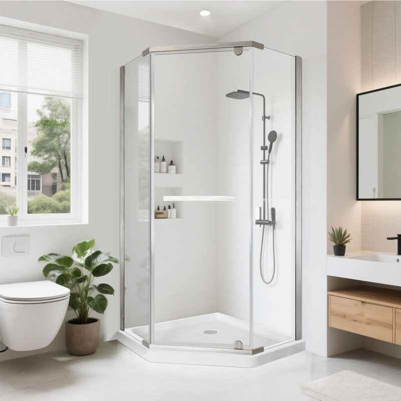 38" W x 38" D x 72" H Semi-Frameless Neo-angle Shower Door with Towel Bar and Fixed Panel, Matte Black, Clear