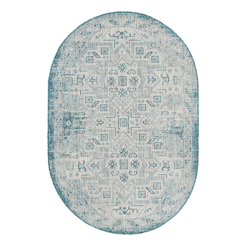 Tapis bleu sarcelle intérieur / extérieur Danera, Ovale 5 pi 3 po x 8 pi