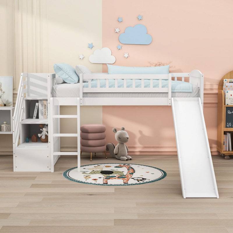 Twin Wood Loft Bed With Storge Staircase, Convertible Ladder And Slide, White