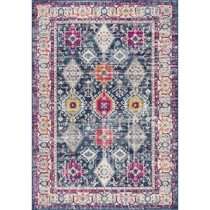 Tapis bleu marine à motif abstrait Kymiere, Rectangle 2 pi x 2 pi 3 po