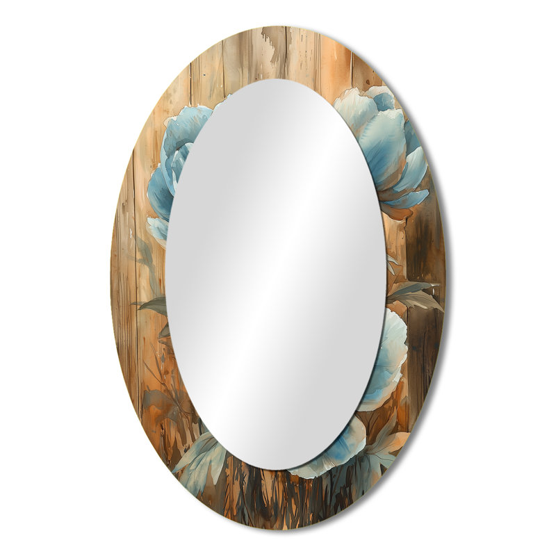 Pivoines bleues dans la basse-cour II - Grand miroir mural ovale sur métal, 36 po x 24 po