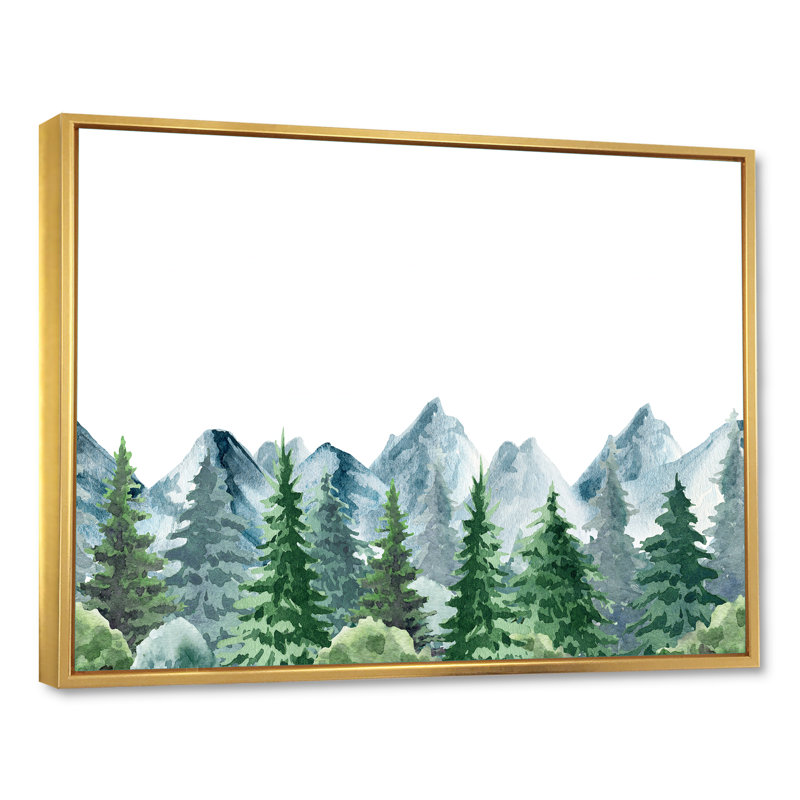 " Mountain Landscape With Fir Trees I " Painting Print, 12" H x 20" W, Gold Floater Frame Canvas