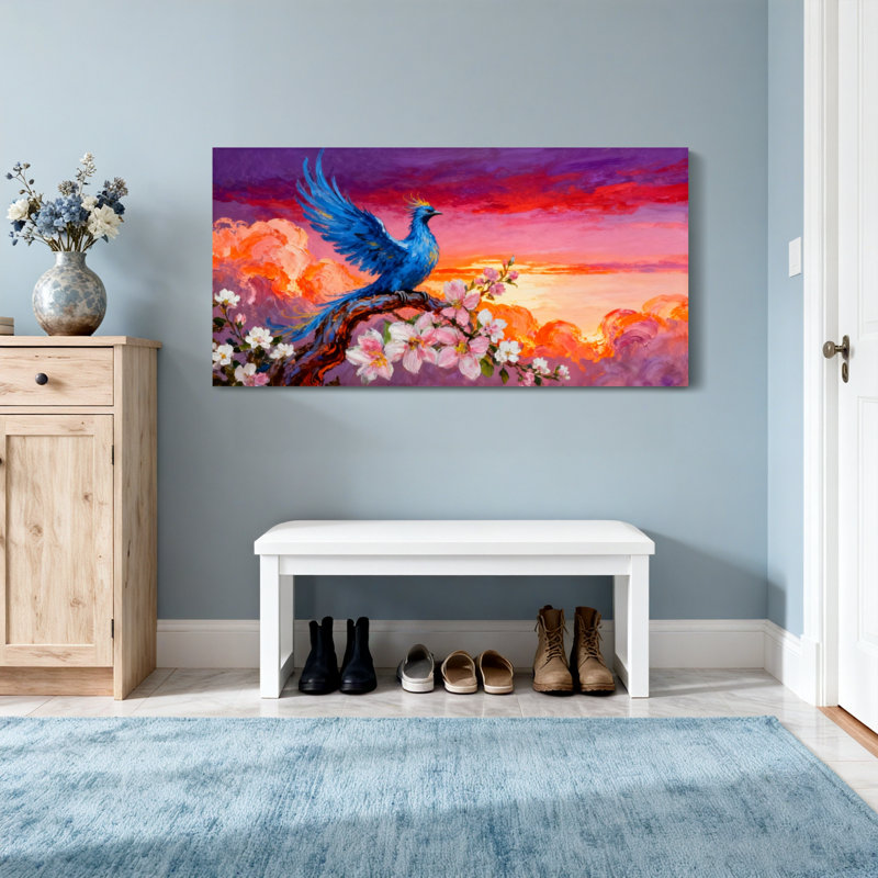 Animaux, oiseau bleu perché sur une branche en fleurs, ciel coucher de soleil, H 16 po x l 32 po