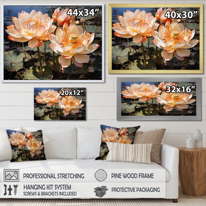 Coral Buddhist Art Lotus Serenity, reproduction d'art sur toile encadrée, Cadre simple noir, H 16 po x l 32 po x P 1 po