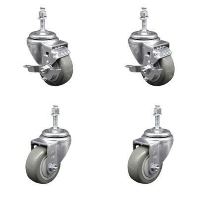3 Inch SS Polyurethane Swivel 10mm Threaded Stem Caster Set 2 Brake SCC