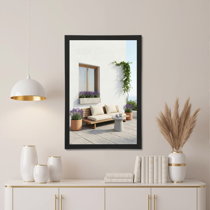 Ensemble de 1 tableau sur toile représentant une terrasse extérieure moderne avec banc en bois et plantes de lavande.