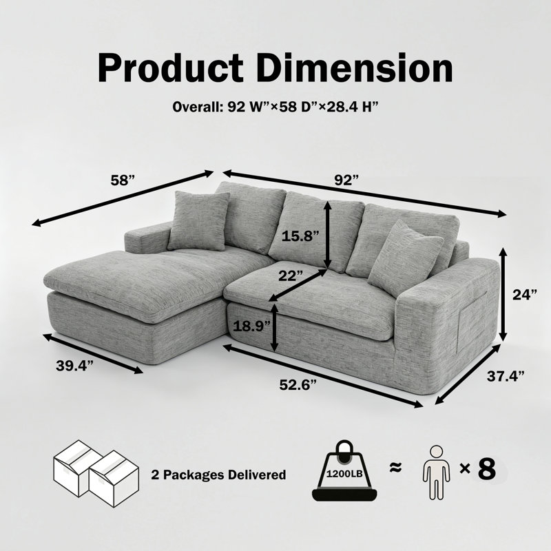 Canapé d'angle moderne gris foncé de 234 cm avec méridienne, Gris chenille, Orienté vers la gauche