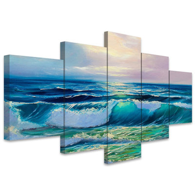 " SIGNLEADER Large Canvas Wall Art Print Sunlight Through The Sea Wave In Blue Sea Modern Scenery For Living Room Bedroom Office " 5 - Pieces