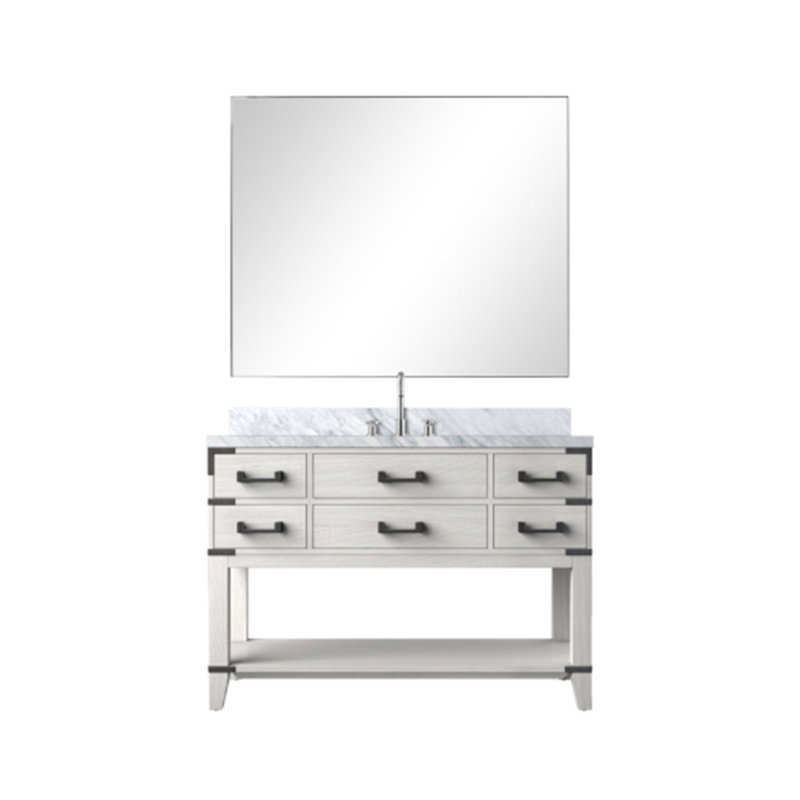Meuble-lavabo simple.  Comptoir en marbre de Carrare, ensemble de robinet et miroir, Chêne blanc